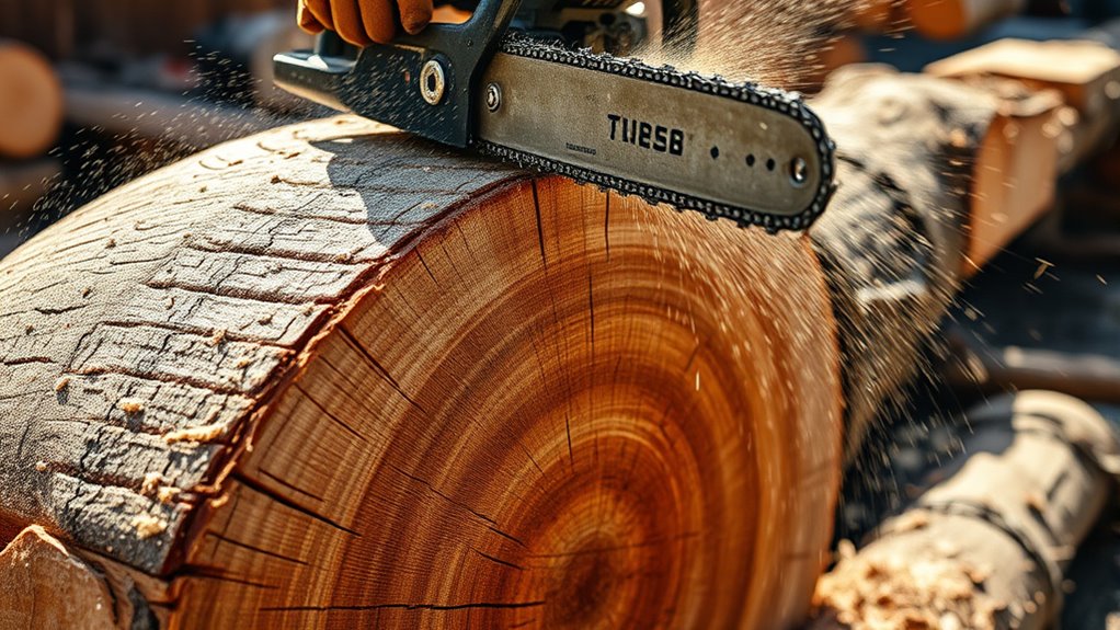 cutting lumber with chainsaw