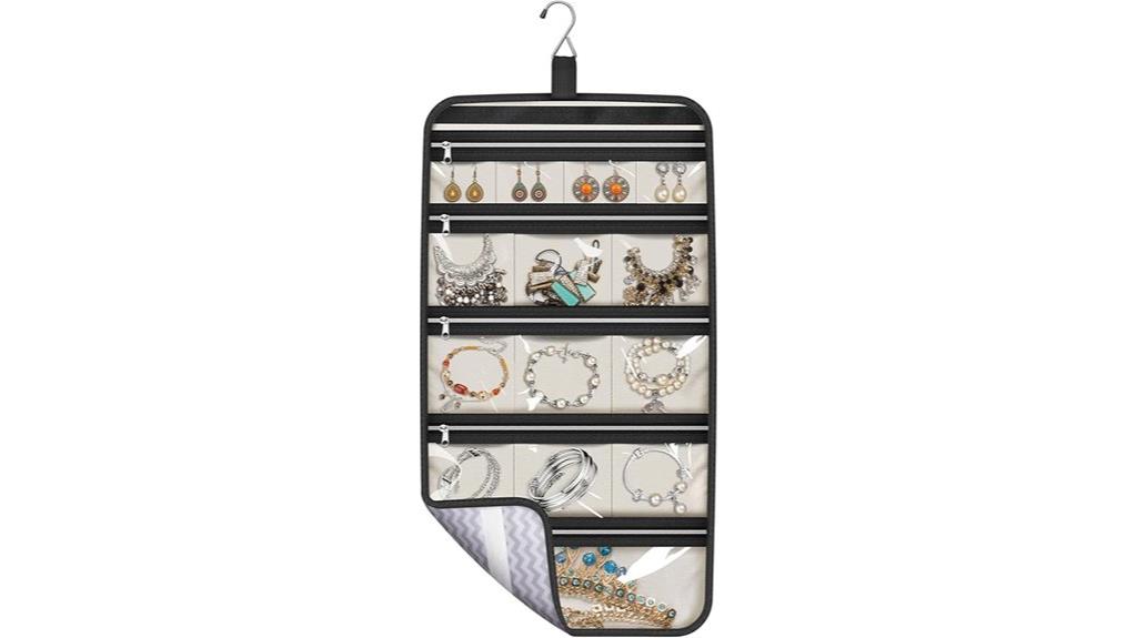 hanging jewelry organizer with zippered pockets
