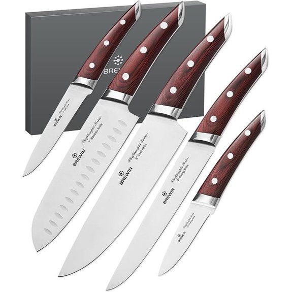 Brewin Chef Knife Set 5 pcs with Red Pakkawood Handles