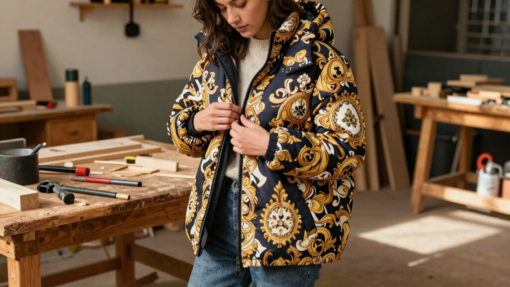 Women Sport Puffer Coats in Bold Baroque Portraits by Nieves González